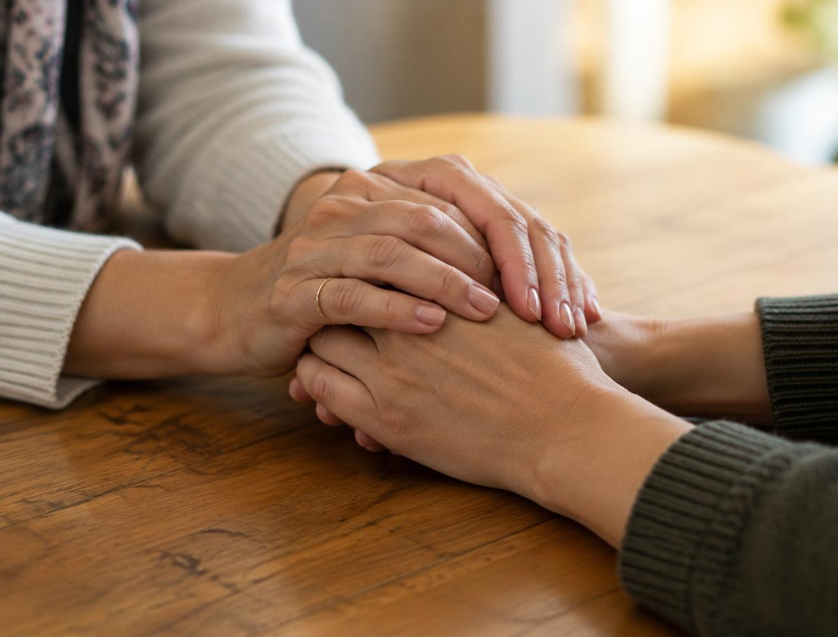 Two women holding hands in comfort