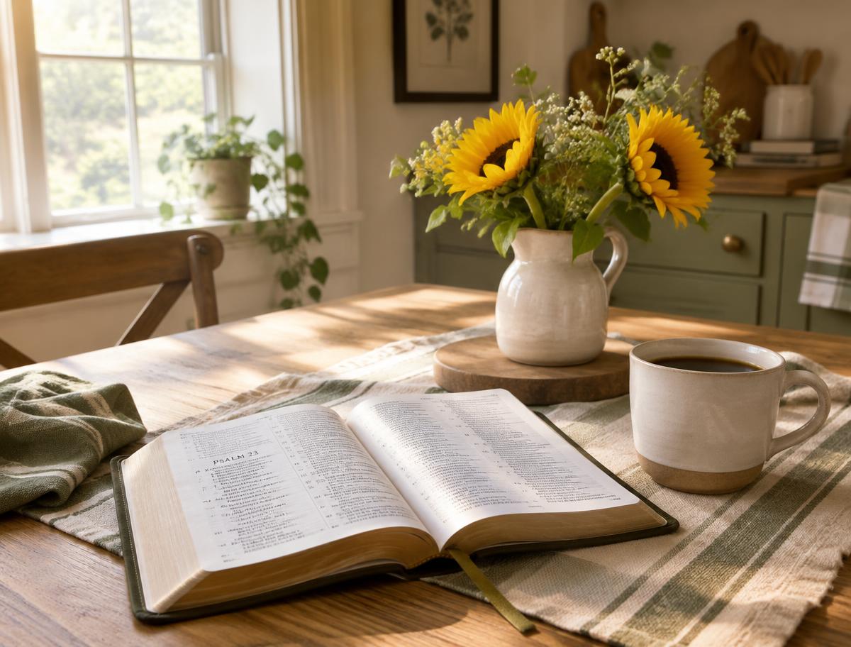 Open Bible on a kitchen table beside sunflowers
